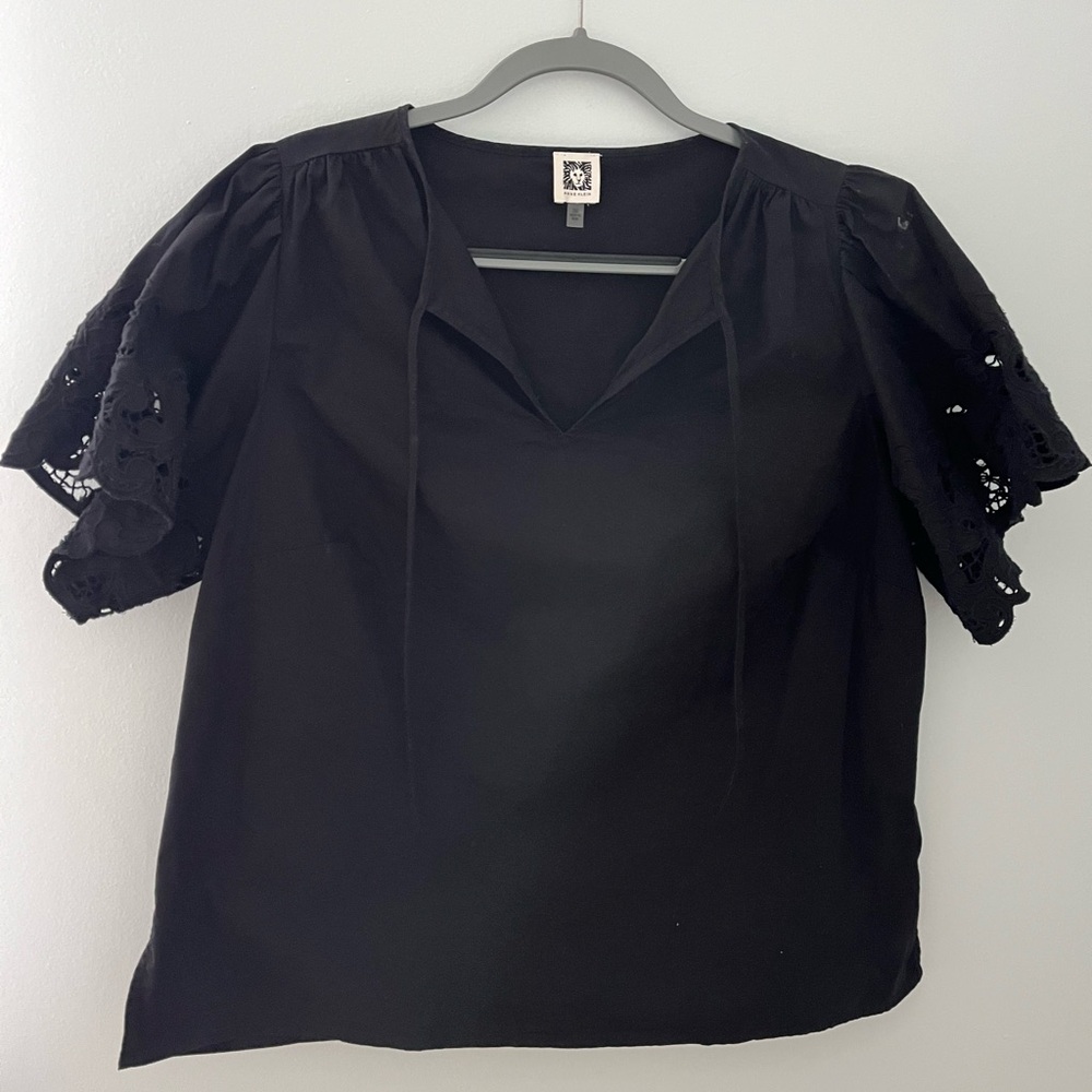 Anne Klein Black Embroidered Flutter Sleeve Top - Picture 3 of 9